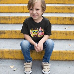 Kids Black Graphic Tee with Colorful Cartoon Print